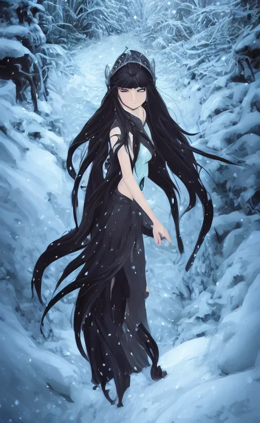 Prompt: an elven girl with long, flowing black hair standing in the snow, facing the camera. By Makoto Shinkai, Stanley Artgerm Lau, WLOP, Rossdraws, James Jean, Andrei Riabovitchev, Marc Simonetti, krenz cushart, Sakimichan, trending on ArtStation, digital art.