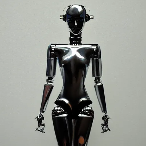 Prompt: “full figure portrait of female chrome robot in airbrush style of Hajime Sorayama”