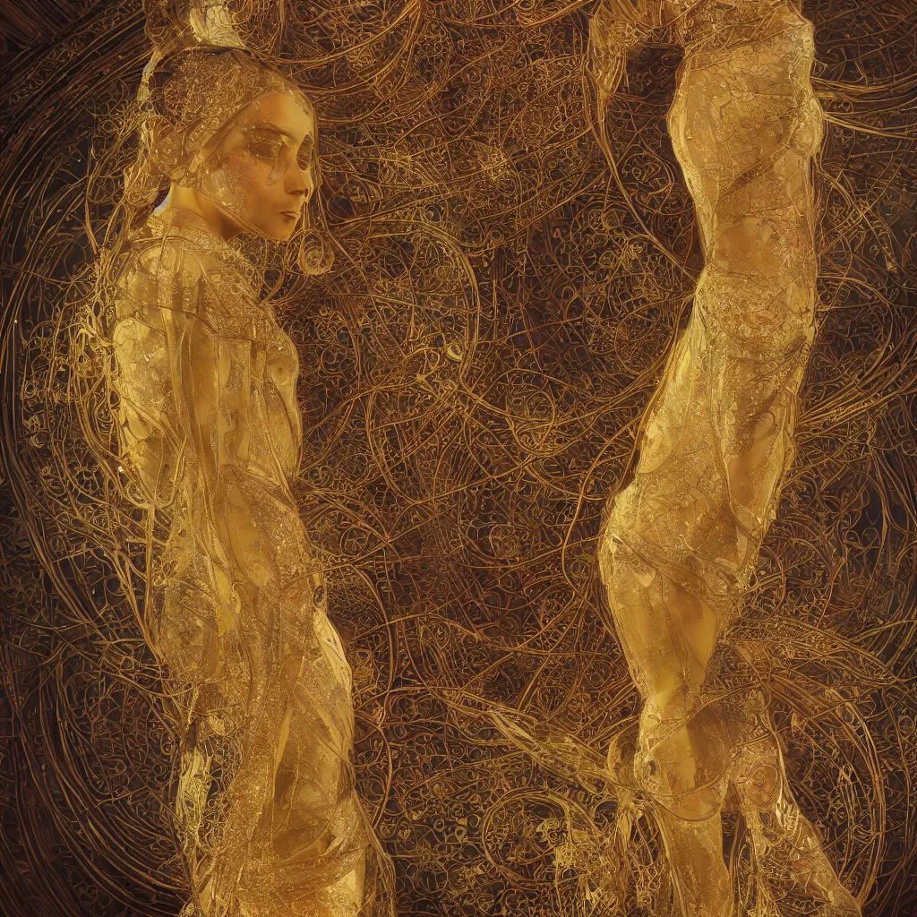 Prompt: human body with thin golden lines, transparent crystals and textiles, Art Nouveau, Alphonse Mucha, cinematic realistic photo, octane render