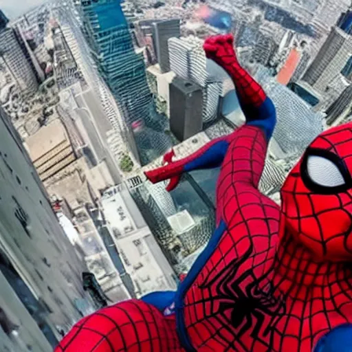 Image similar to GoPro footage of Spider-Man swinging through the city