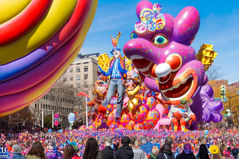 Image similar to photo of giant beautiful elaborate parade float character designed by lisa frank and geof darrow, in the macys parade, detailed 4 k photo,