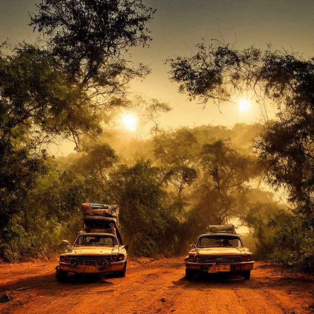 Prompt: 👍, bollywood car, on a dusty road, under a setting sun, with a dense jungle