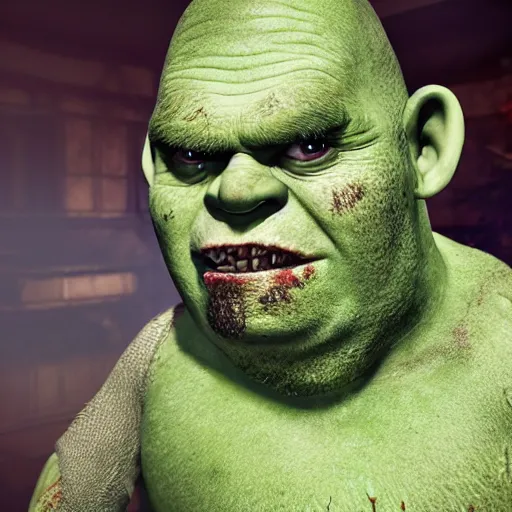 Image similar to unsettling creepy cursed zombie Shrek, high quality 4k cgsociety unreal engine render, injured infected Shrek zombie DreamWorks ® UnrealEngine (2032)