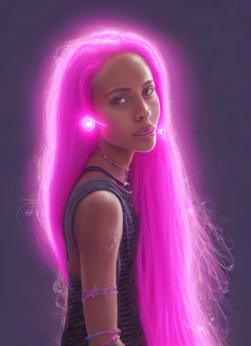 Image similar to portrait of teenage vanessa morgan with bright pink hair, black girl, curly pixie cut hair, wearing a purple breton cap, breton cap, hoop earrings, intricate, elegant, glowing lights, highly detailed, digital painting, artstation, concept art, smooth, sharp focus, illustration, art by wlop, mars ravelo and greg rutkowski