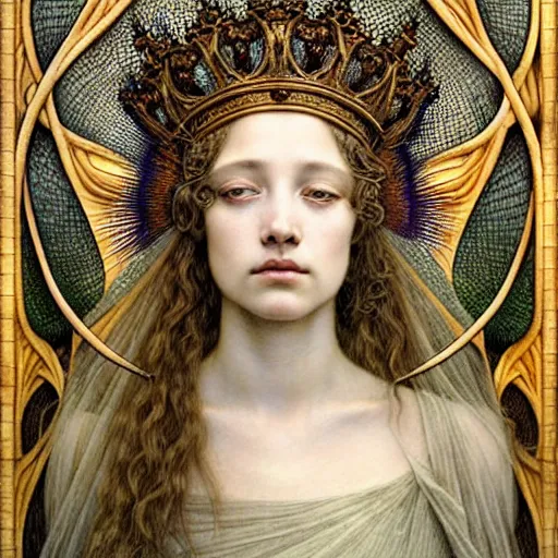 Image similar to detailed realistic beautiful young medieval queen face portrait by jean delville, gustave dore, iris van herpen and marco mazzoni, art nouveau, symbolist, visionary, gothic, pre - raphaelite