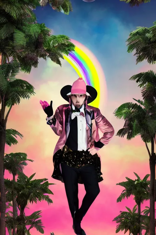 Image similar to Ethereal safari landscape with a pink rainbow sky under a god moonstone, black leather and embroidered Lolita dapper bespoke avant-garde tuxedo in velvet, black and gold rich color, dramatic cinematic lighting, featured on Artstation, extremely detailed by Lisa Frank