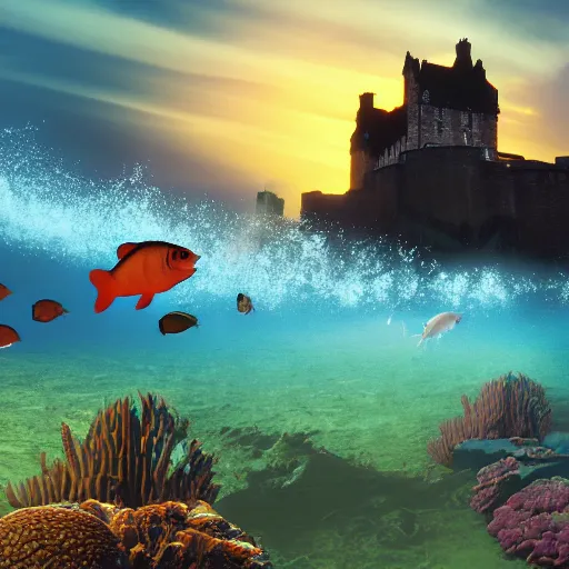 Image similar to underwater, fish swimming around Edinburgh Castle, sunset, concept art in style of Greg Rutkowki, dynamic lighting, 4k, very highly detailed