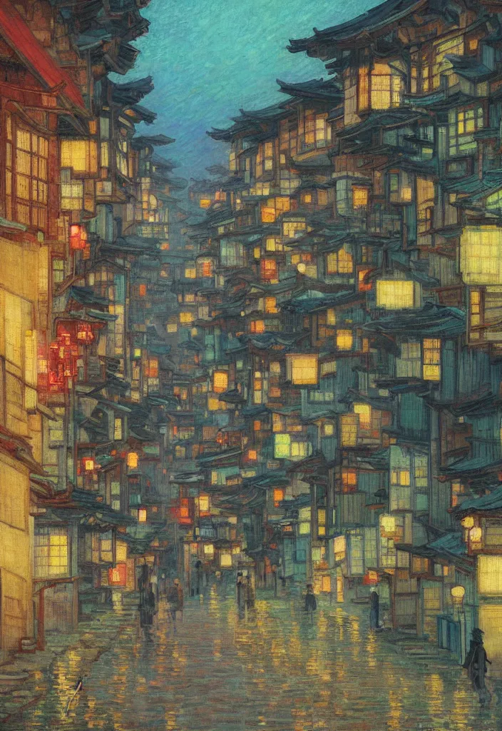 Image similar to a beautiful japanese city in the mountain, amazing ryokans and gorgeous edo era houses, epic cyberpunk, lofi vibe, colorful, vivide colors, amazing light, really beautiful nature, oil painting in impressionist style, by jeremy lipkin, by claude monet, by makoto shinkai, by van gogh, multiple brush strokes, inspired by ghibli, masterpiece, beautiful