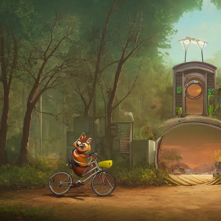 Image similar to A chipmunk riding a bike through a portal. Detailed digital matte painting in the style of simon stalenhag