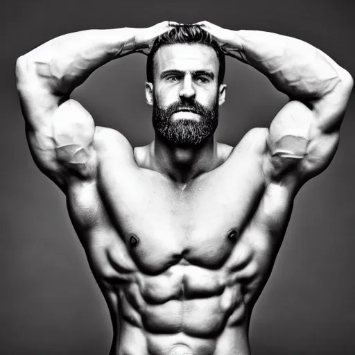 Image similar to b & w portrait photography of gigachad flexing every muscle at once