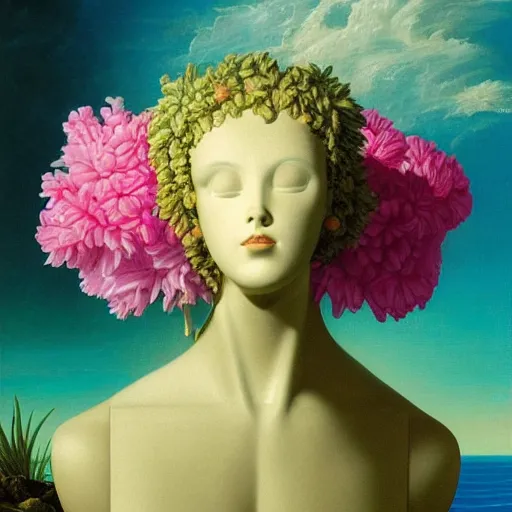 Prompt: award winning masterpiece with incredible details, a surreal vaporwave vaporwave vaporwave vaporwave vaporwave painting by Thomas Cole of an old pink mannequin head with flowers growing out, sinking underwater, highly detailed