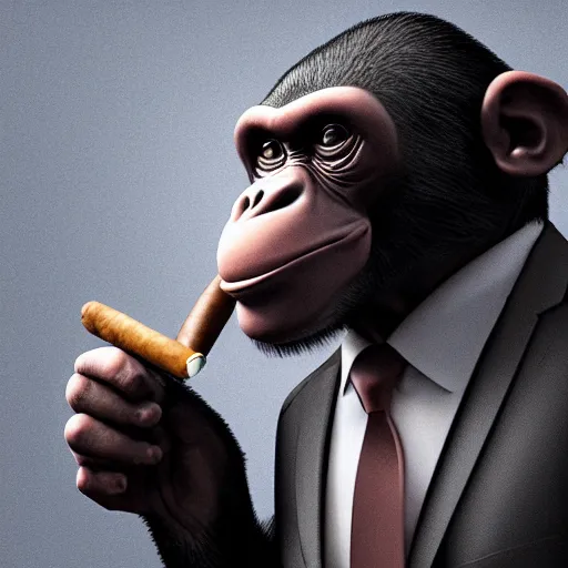 Image similar to a high detail shot of a chimp wearing a suit, smoking a cigar, render, cgsociety, photorealism