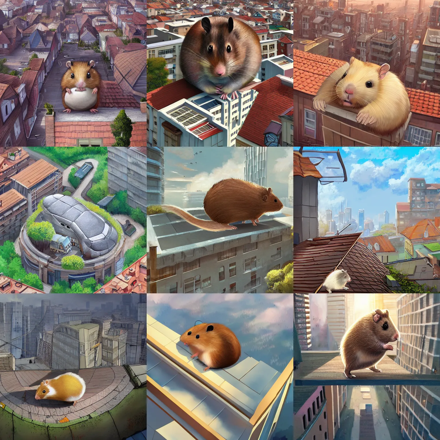 Prompt: a giant hamster on a roof, looking down at buildings below, digital art, artstation