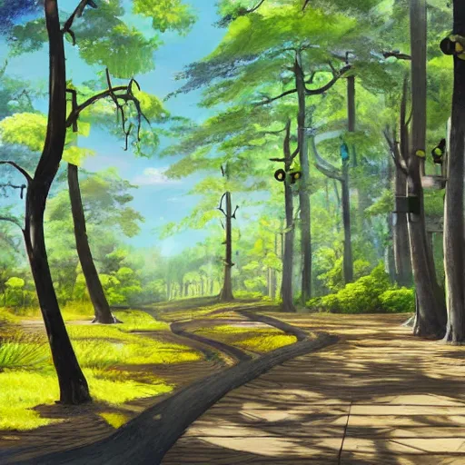 Prompt: deep muddy forest on a sunny day walkway panorama, blooming, traditional gouache painting by chinese studio, by disney studio, by pixar 3 d render and kyoto animation