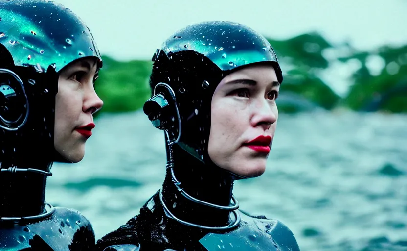 Image similar to cinestill 5 0 d candid action photographic portrait by quentin tarantino of two loving female androids wearing rugged black mesh techwear in treacherous waters, extreme closeup, modern cyberpunk tesla retrofuturism moody emotional cinematic, pouring iridescent rain, 8 k, hd, high resolution, 3 5 mm, f / 3 2, motion blur, ultra realistic faces, ex machina