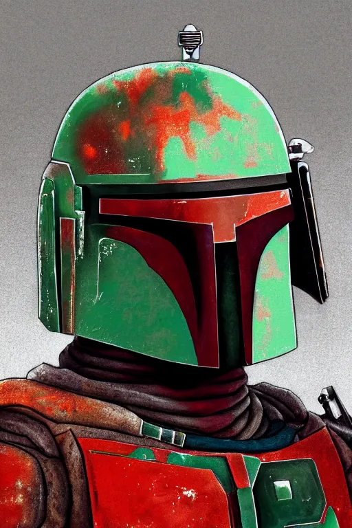 Prompt: portrait of boba fett from star wars, highly detailed, centered, solid color background, digital painting