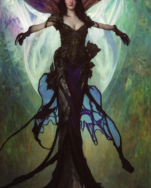 Image similar to daniel gerhartz, wlop, tom baghshaw, alfons mucha detailed portrait digital painting of a beautiful serious villainess wearing fantasy clothing like liliana vess, villainess has black angel wings, evil mood, hellish battlefield in the background, embers flying, unreal engine, hyper realism, realistic shading, cinematic composition, blender render, octane render, ultrawide shot