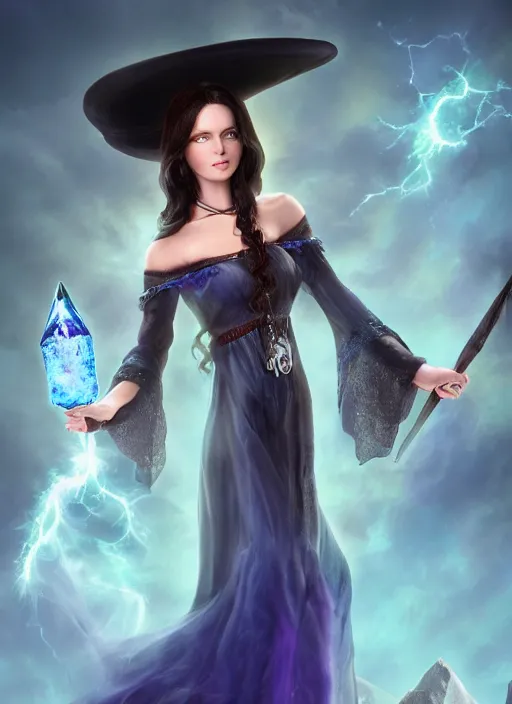 Prompt: a beautiful witch with long curly dark hair, large blue eyes and holding a wand with a very large magical gemstone at the top radiating energy, detailed matte painting, studio lighting, octane render, by anne stokes