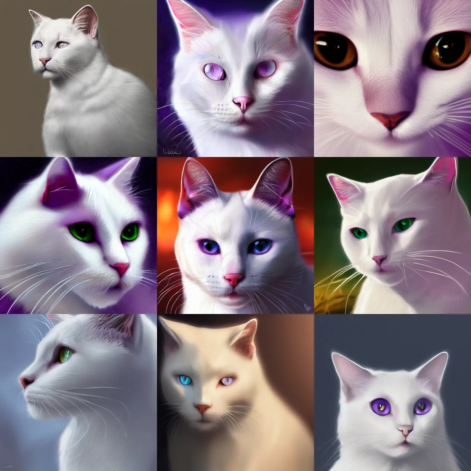 Prompt: portrait of a white cat with purple eyes. closeup, profile picture, intense look. lighting, bloom. fantasy, digital painting, hd, 4 k, detailed.