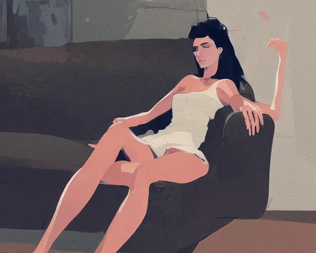 Image similar to a ultradetailed beautiful painting of a stylish woman sitting on a couch, by conrad roset, greg rutkowski and makoto shinkai trending on artstation