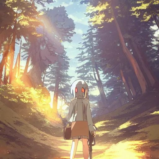 Prompt: Kino from Kino's Journey walking through the forest, golden hour, sunbeams, anime