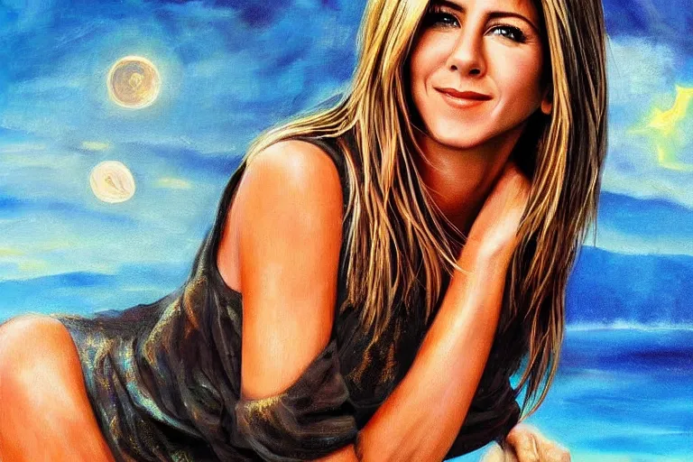 Image similar to jenifer aniston, fantasy, painting, ultra realistic!!!, clear weather, golden hour, sharp focus