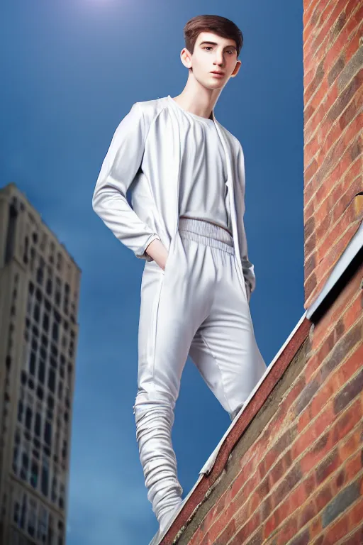 Image similar to un ultra high definition studio quality photographic art portrait of a young man standing on the rooftop of a british apartment building wearing soft padded silver pearlescent clothing. three point light. extremely detailed. golden ratio, ray tracing, volumetric light, shallow depth of field. set dressed.