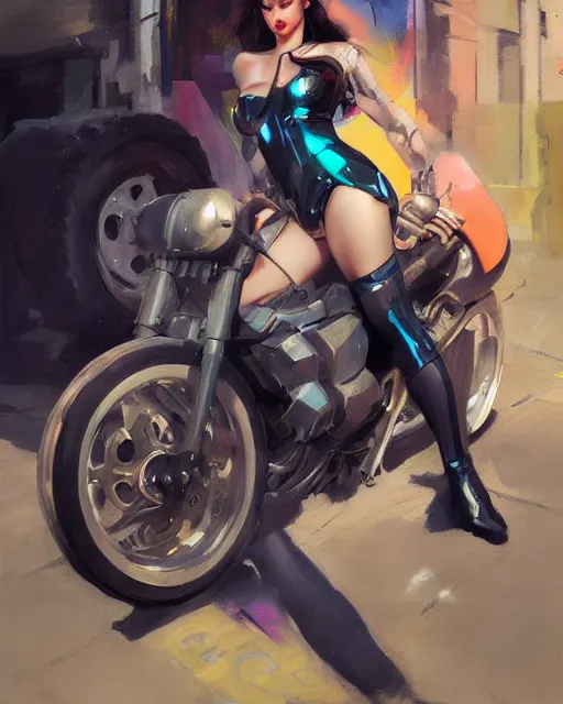 Image similar to greg manchess portrait painting of bunny cosplayer with female body, sitting on cyberpunk motorbike, medium shot, asymmetrical, profile picture, organic painting, sunny day, matte painting, bold shapes, hard edges, street art, trending on artstation, by huang guangjian and ail elvgren and sachin teng