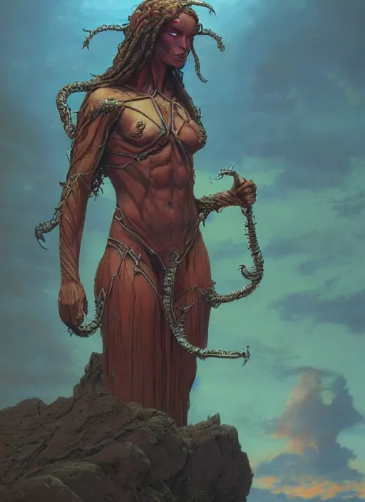 Prompt: biblical beautiful female druid android, shiva, glowing veins, in clouds, sunset, portrait by wayne barlowe, by peter elson, muted colors, by frank frazetta, extreme detail, reflections, trending on artstation, 8 k