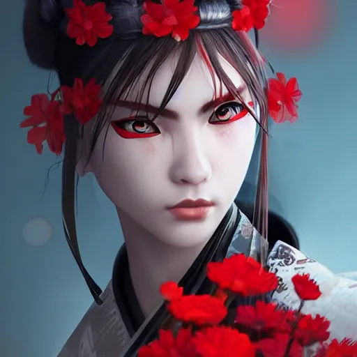 Prompt: samurai with red flowers on background, artstation, cgsociety