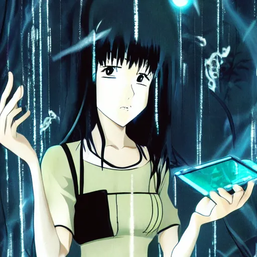 Image similar to a female anime character with long black hair, in a misty jungle surrounded by broken technology, in the style of mamoru oshii, ghost in the shell