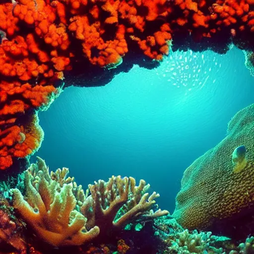 Prompt: Underwater view of a coral reef