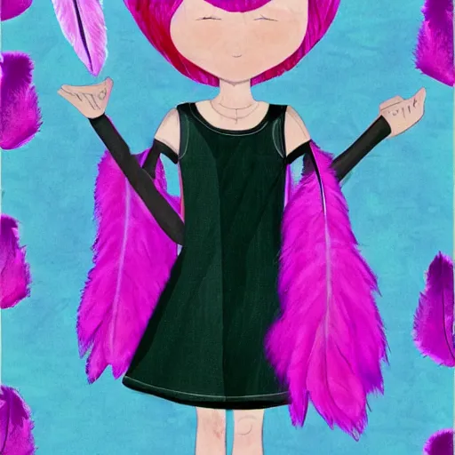 Image similar to little girl with eccentric pink hair wearing a dress made of purple feather, art by dcwj