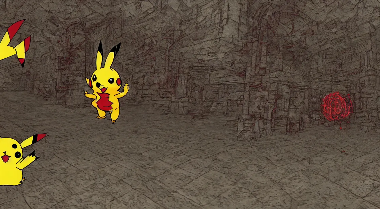 Image similar to Pikachu in the style of Doom 2016, Realistic, Highly Detailed