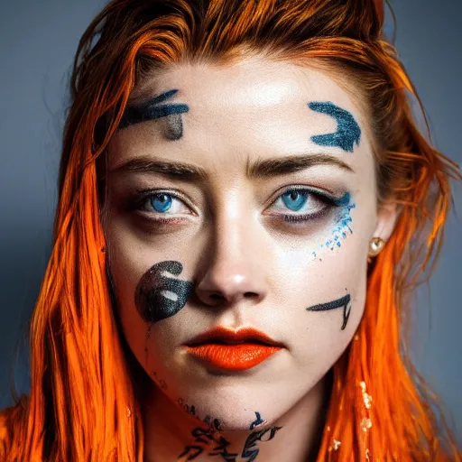 Prompt: amber heard with tattoos on her face in orange prison uniform, ultra realistic, canon 3 5 mm portrait photography, 8 k