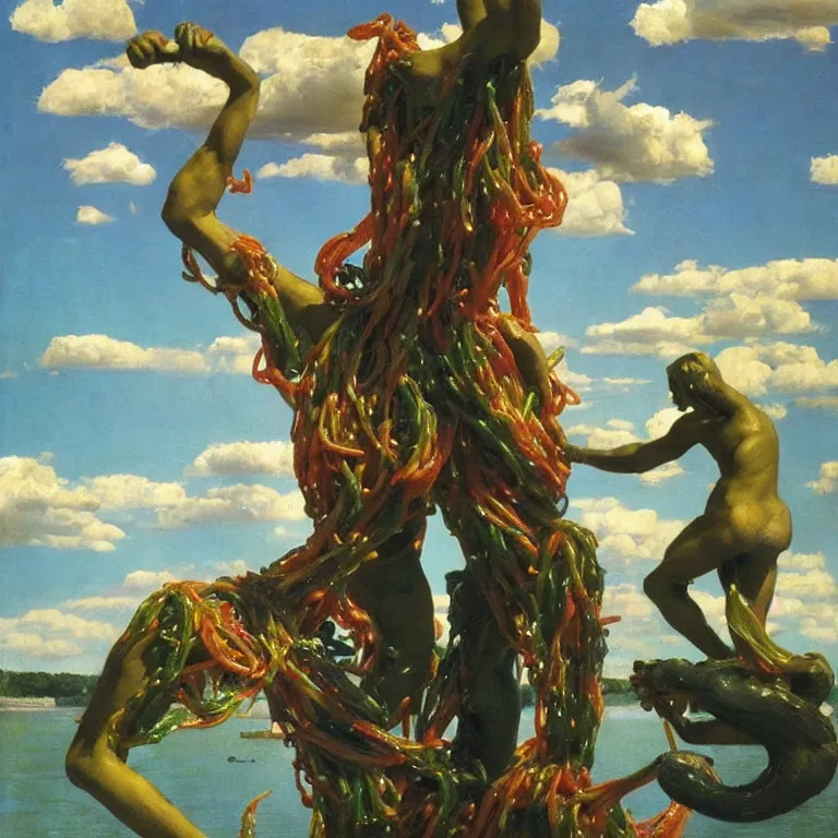 Prompt: A Monumental Public Sculpture of a 'Fist made out of Gummy Spaghetti' on a pedestal by the lake, surreal oil painting by John Singer Sargent and Maxfield Parrish and Max Ernst shocking detail hyperrealistic!! Cinematic lighting