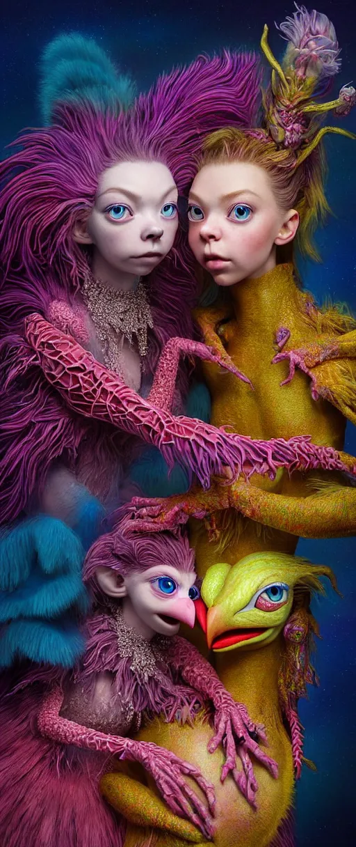 Image similar to hyper detailed 3d render like a Oil painting - kawaii portrait of two Aurora (a beautiful skeksis muppet fae princess protective playful expressive eyes from dark crystal that looks like Anya Taylor-Joy) seen red carpet photoshoot in UVIVF posing in scaly dress to Eat of the Strangling network of yellowcake aerochrome and milky Fruit and His delicate Hands hold of gossamer polyp blossoms bring iridescent fungal flowers whose spores black the foolish stars by Jacek Yerka, Ilya Kuvshinov, Mariusz Lewandowski, Houdini algorithmic generative render, Abstract brush strokes, Masterpiece, Edward Hopper and James Gilleard, Zdzislaw Beksinski, Mark Ryden, Wolfgang Lettl, hints of Yayoi Kasuma and Dr. Seuss, octane render, 8k