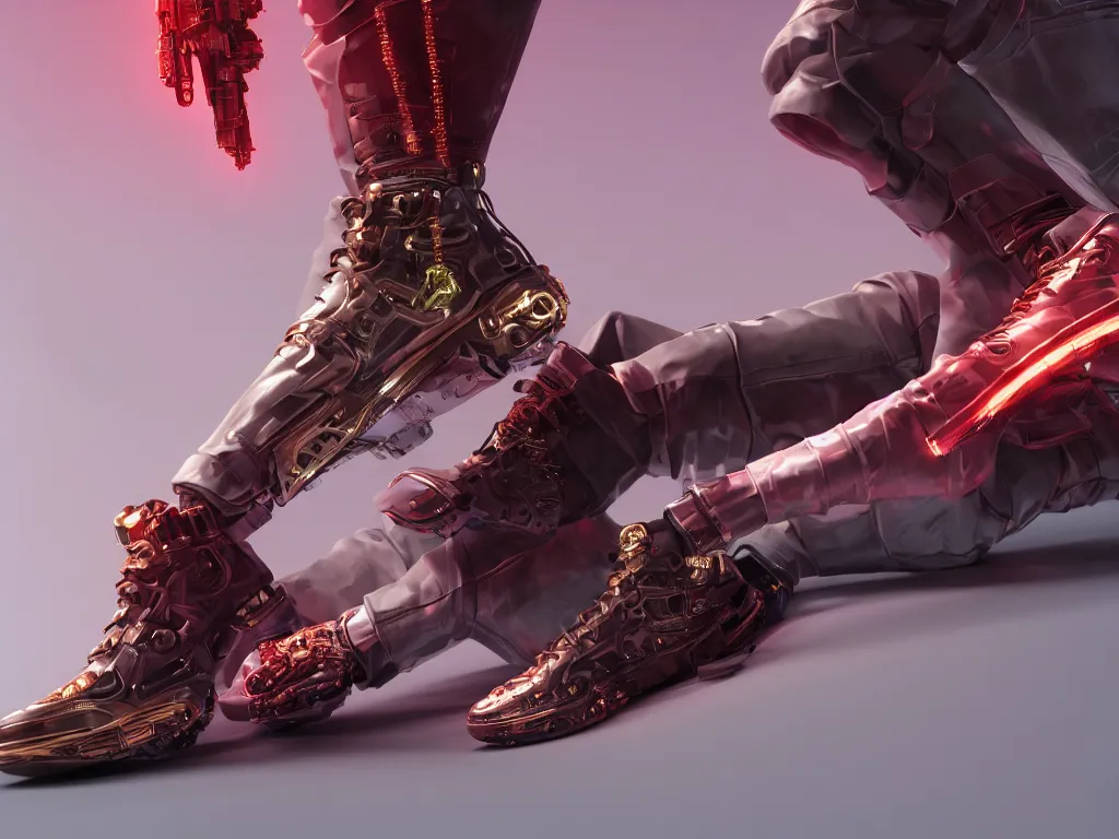 Prompt: realistic 3 d render of a cyberpunk android foot wearing sneakers, beautiful studio lighting, soft, sharp focus, neon cyberpunk highlights, intricate detail, gold and red accents, soft rubber, octane render, side view, close up, trending on artstation, deviantart