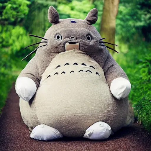 Prompt: ultra unhealthy fat cat dressed in a funny totoro costume realistic photograph