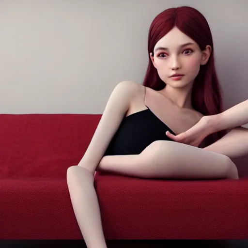 Image similar to 3 d render of a cute thin young woman, red blush, wearing casual clothes, small smile, relaxing on a couch, cuddling up under a blanket, cozy living room, medium shot, 8 k, octane render, trending on artstation, art by artgerm, unreal engine 5, hyperrealism, hyperdetailed, ultra realistic