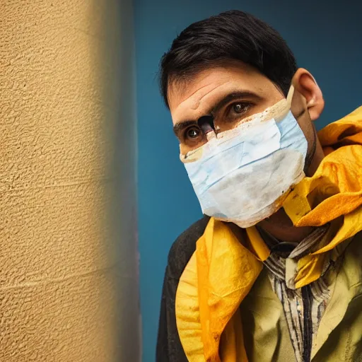 Prompt: a doctor wearing a surgical mask made from a tortilla, bold natural colors, national geographic photography, masterpiece, 8 k, raw, unedited, symmetrical balance