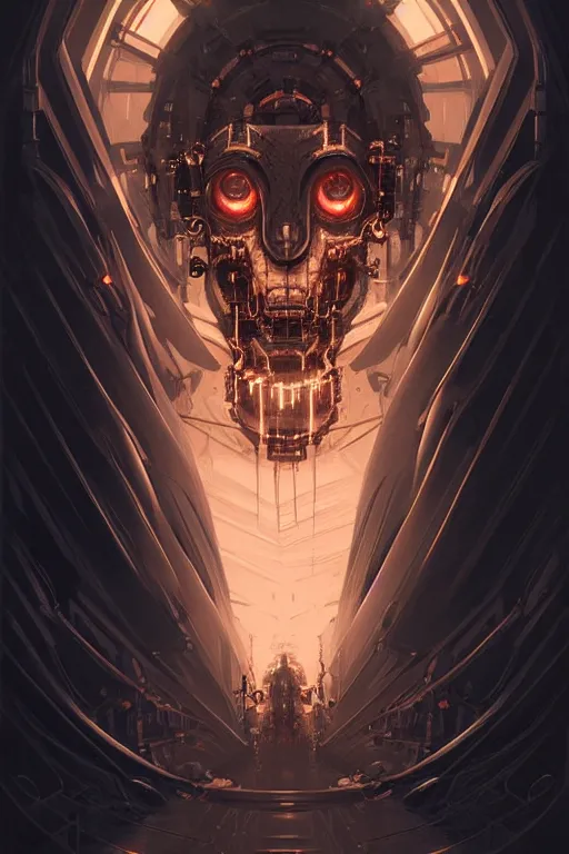 Prompt: professional concept art symmetrical portrait of a horror mechanical nightmare species in a dark room by artgerm and greg rutkowski. an intricate, elegant, highly detailed digital painting, abstraction, concept art, smooth, sharp focus, illustration, in the style of cam sykes.