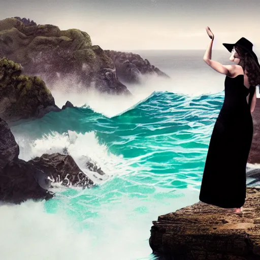 Prompt: photograph with stylish lens effect, stylistic lighting, 1 9 8 0's sci - fi epic artistic style, weta digital, octane render, a woman in a black dress and hat standing in the cliffside entrance to a cave alongside crashing dramatic ocean waves with sea foam and sea spray, an ancient greek trireme