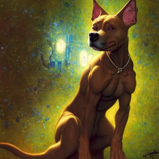 Image similar to a female pitbull dogwoman in starfleet uniform at night in a dark forest. zootopia fursona furaffinity furry art detailed face painting by gaston bussiere craig mullins jc leyendecker gustav klimt artgerm greg rutkowski furry