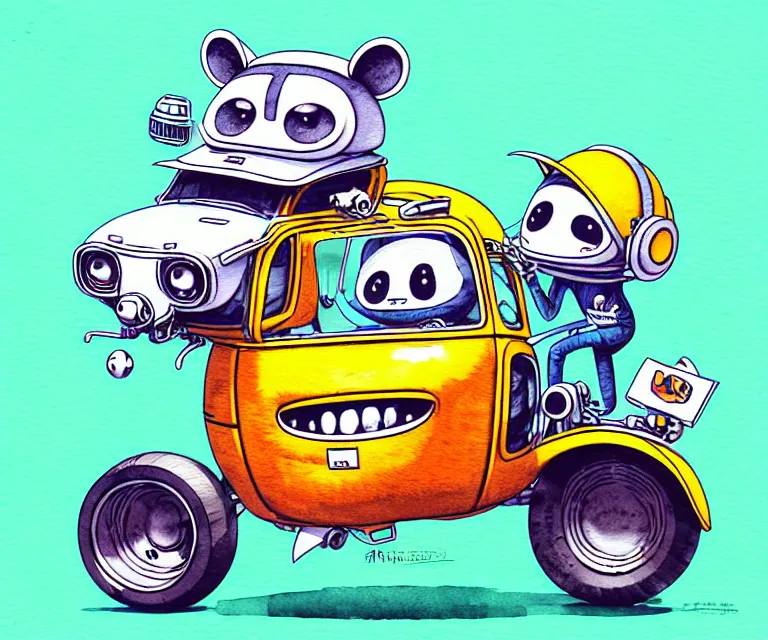 Image similar to cute and funny, racoon wearing a helmet riding in a tiny hot rod with oversized engine, ratfink style by ed roth, centered award winning watercolor pen illustration, isometric illustration by chihiro iwasaki, edited by range murata, tiny details by artgerm and beeple, symmetrically isometrically centered