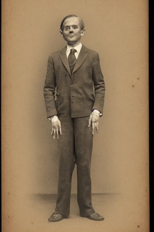 Image similar to vintage full body portrait of an octopus headed man in a suit, sepia