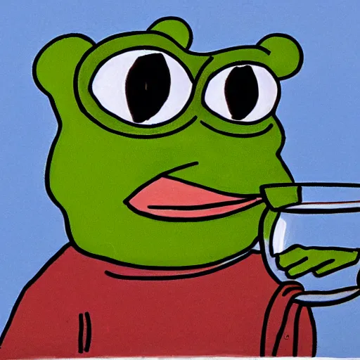 Prompt: drawing of pepe the frog holding a glass of water