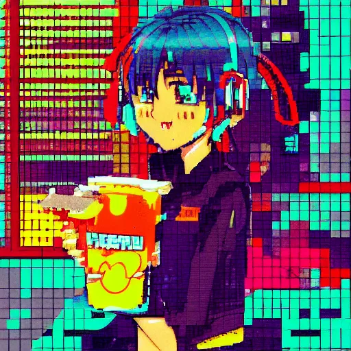 Prompt: A retro anime person working at a tacobell in the 80s with vhs filter pixel sorting