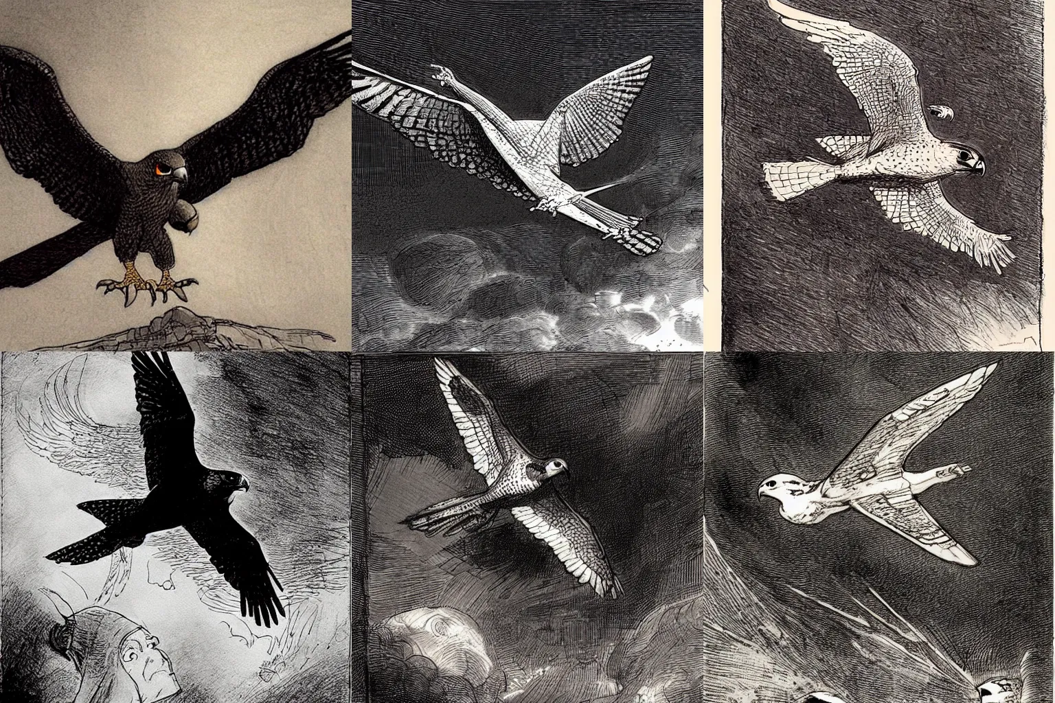 Prompt: a falcon flying in circles. dark drawing by rembrandt van rijn, milo manara and terry moore.