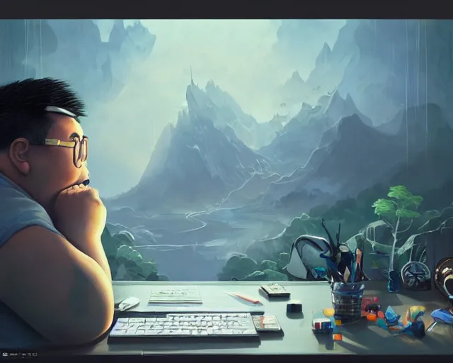 Image similar to an insanely detailed painting of a slightly chubby, nerdy asian man wearing a superhero costume, sitting at a desk, staring at the nervously at the computer and typing, in the style of peter mohrbacher, dramatic lighting and composition, octane render, pixar, trending on artstation, concept art, comic book, view from behind